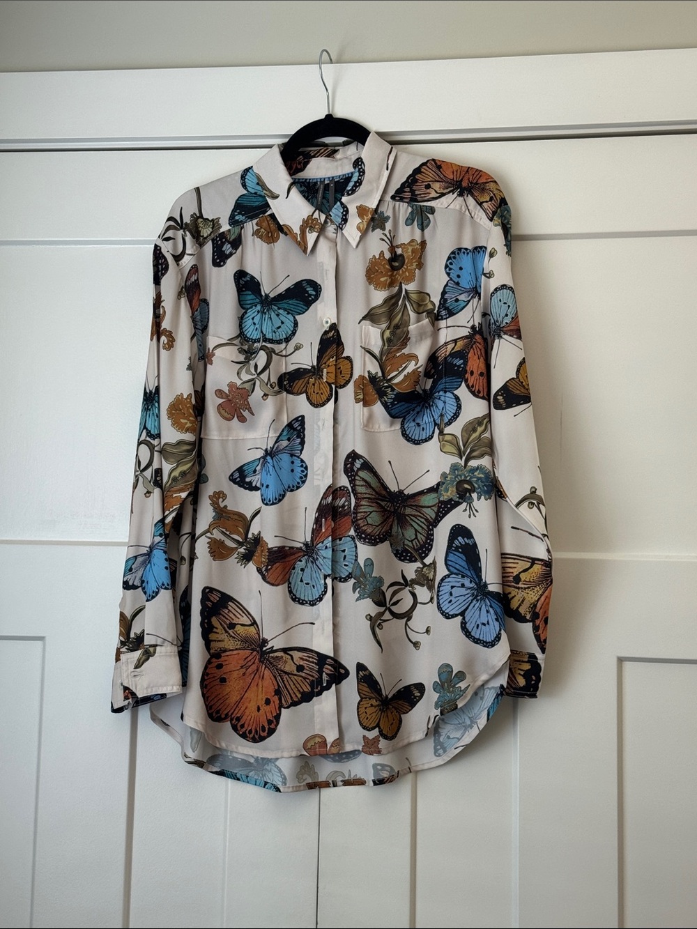 Anthropologie Cream Button-Down Shirt with Blue and Orange Butterfly Print